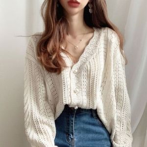 V-Neck Pointelle Knit Cardigan
